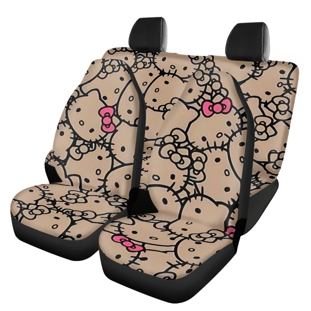 Custom-made car seat covers for independent online stores, featuring a coffee-colored leopard print and a Kitty cat design, to protect both the front and rear seats