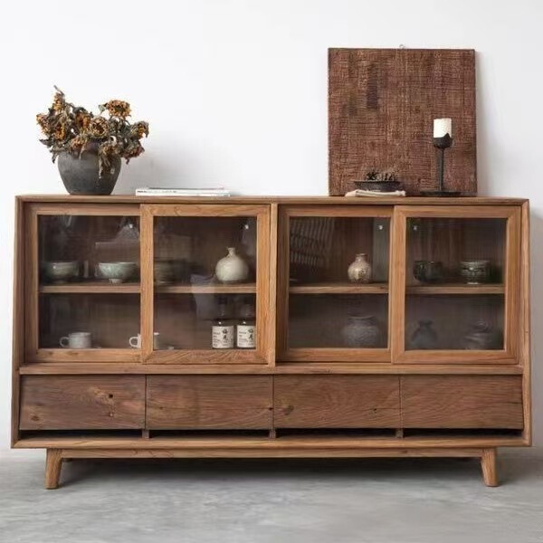 Wabi-Sabi Style Old Elm Wood Sideboard, Living Room Wall-Mounted Tea Side Cabinet, Movable Glass Storage Cabinet, Homestay Storage Cabinet