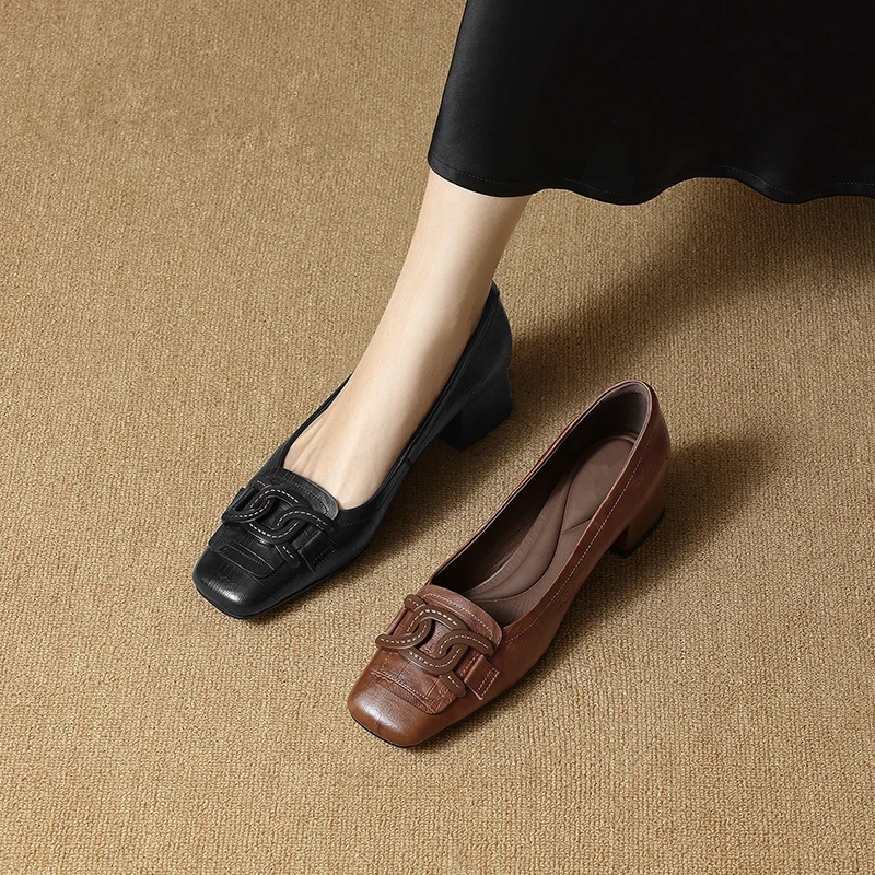 Shoes for Women, Popular 2025 New Soft Leather 4cm Thick Heel Square Toe Fashionable Versatile Elegant Flats Women's High Heels