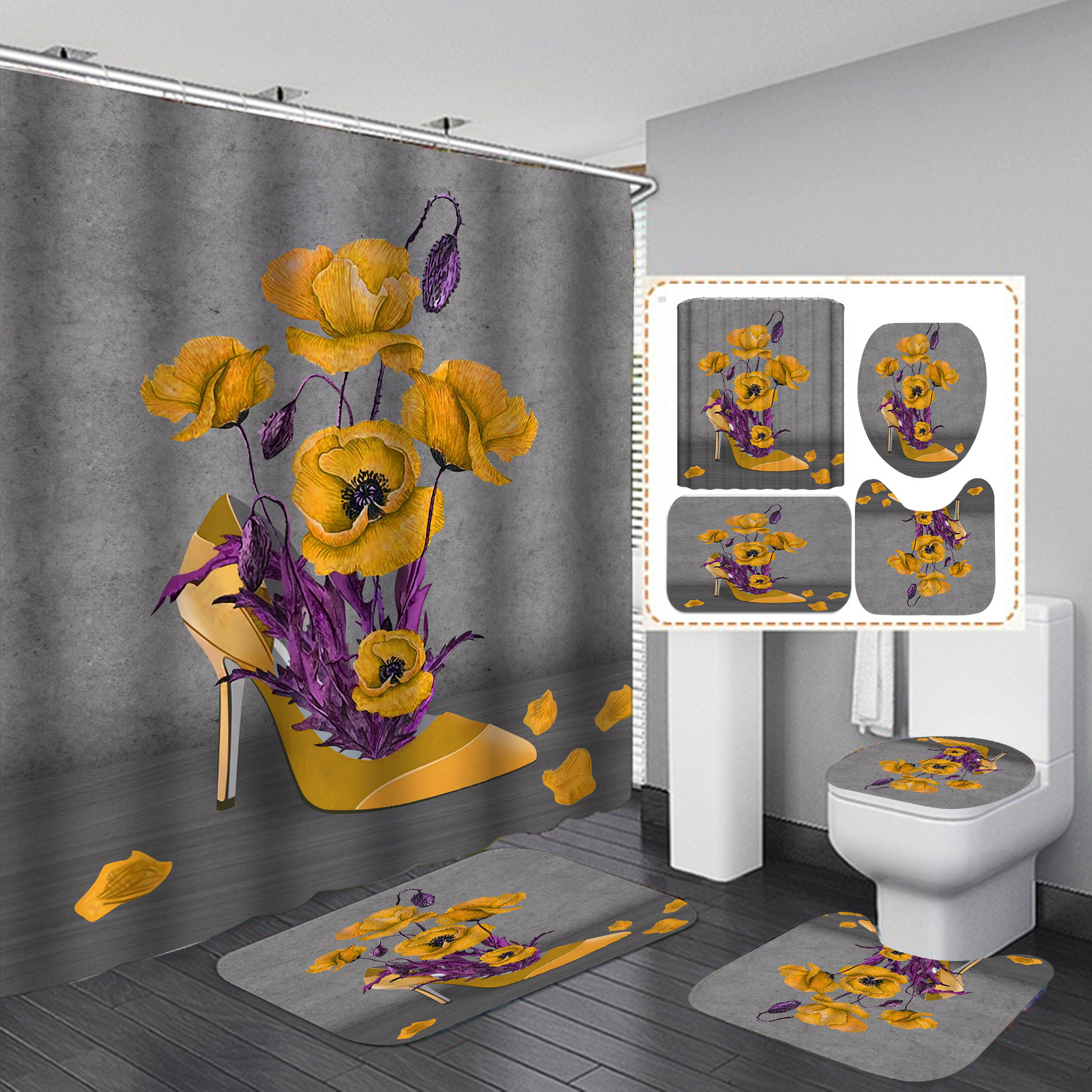 E-commerce transfronterizo HD digital poliéster impresión ducha cortina baño ducha cortina libre C-tipo de plástico colgante anillo 12