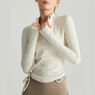 Chuanton Long-Sleeved Fitness Clothing Tops for Women Half-Zip Stand-Up Collar Drawstring Pleated Slim Outer Wear Sports Yoga Clothing