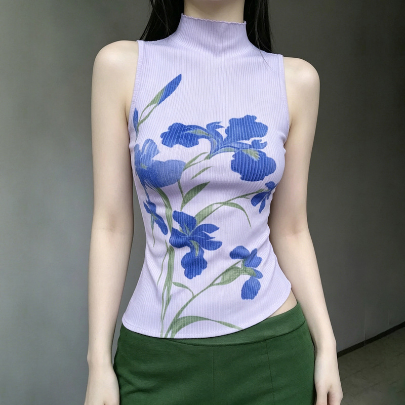 New Chinese-Style Retro Vintage High-Neck Vest with Plant Print Design, Elegant and Slim-Fitting Women's Top New Chinese-Style Retro Vintage High-Neck Vest with Plant Print Design, Elegant and Slim-Fitting Women's Top
