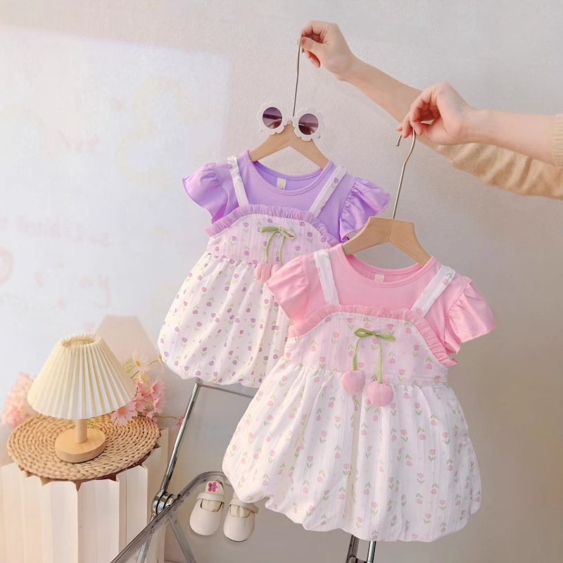 Baby Girl 2025 New Cute Casual Thin Summer suit Baby Girl Western Style Full Print Small Floral Skirt