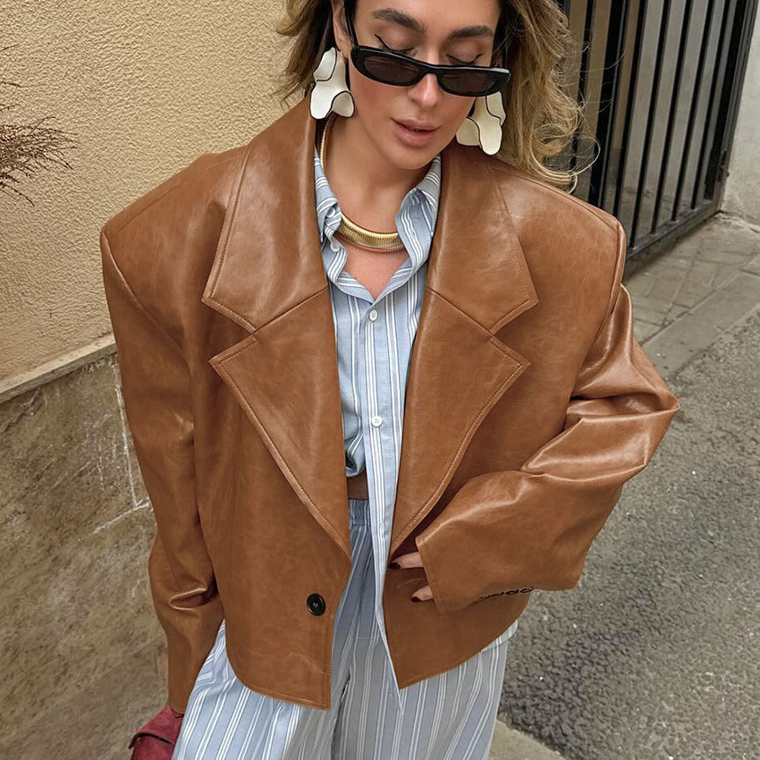 2025 New Autumn and Winter Suit Collar Pu Leather Jacket Jacket Women's Design Sense, Fashion, European and American Cross-Border Work Clothing