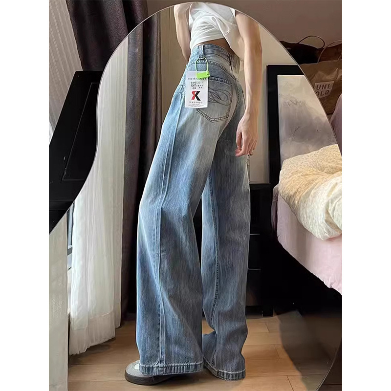水洗刺绣阔腿牛仔裤女夏季新款设计感高腰宽松显瘦百搭直筒长裤子|undefined