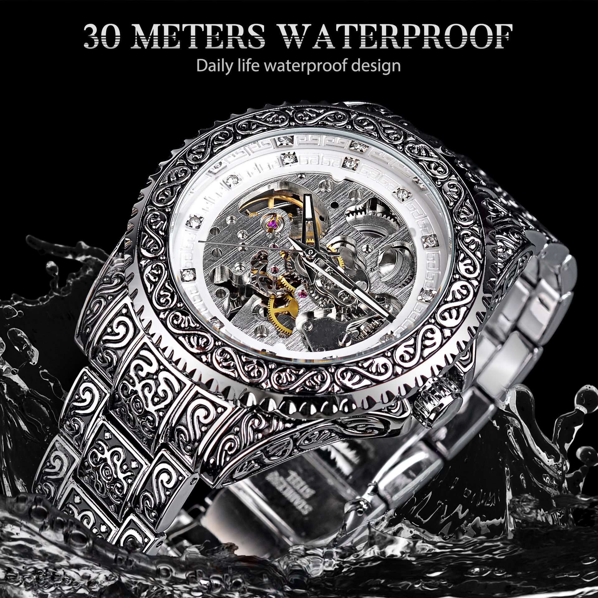 Orologio automatico da uomo scheletrato dorato impermeabile_voghion.com