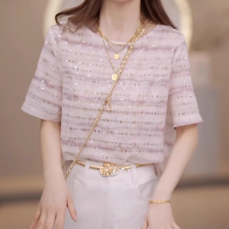 Design Sense Elegant Age-reducing Sequin Short-sleeved Sweater Women's 2025 Summer New All-match Slimming High-end Top