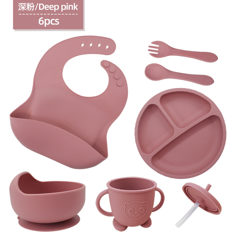 Vajilla de silicona para niños Juego de 6 piezas de silicona para bebés Tazón de alimentos complementarios separados Cuchara tenedor Taza para aprender a beber Juego de vajilla para madres y bebés
