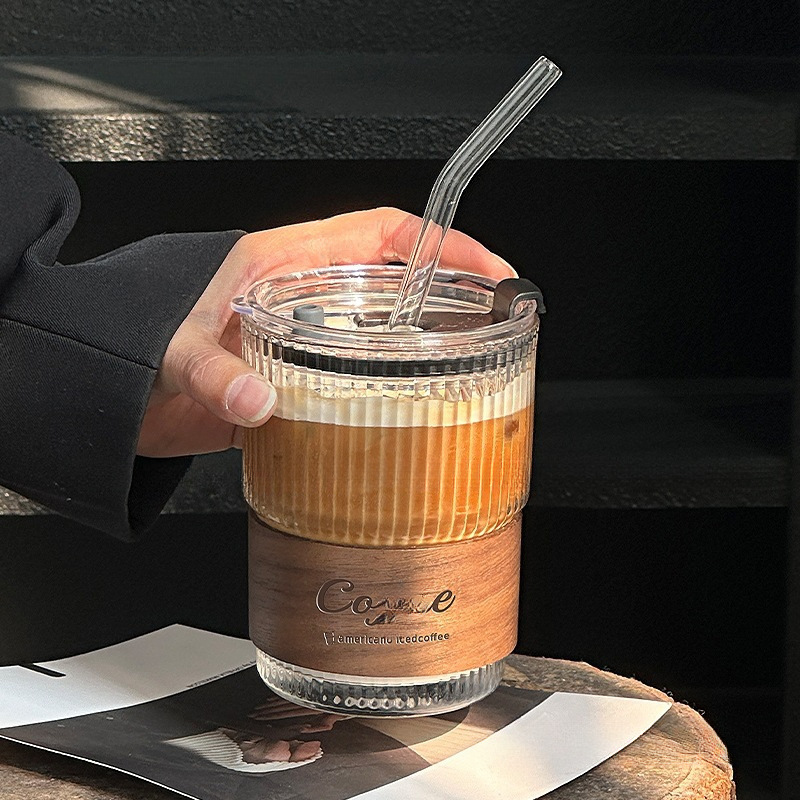 饮料美式包邮定带盖吸管水杯铁牛奶杯子高颜值咖啡杯玻璃杯拿