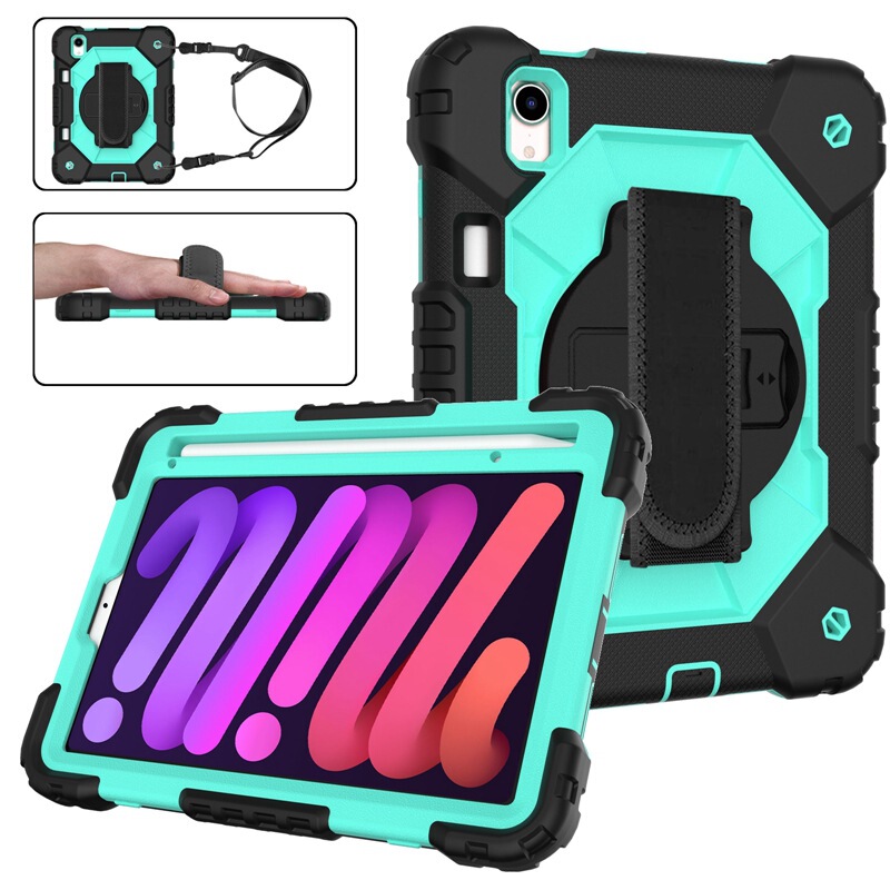 iPad mini6 color contrast shoulder strap hand strap three-proof two-in-one silicone flat protective case rotating bracket with pen slot