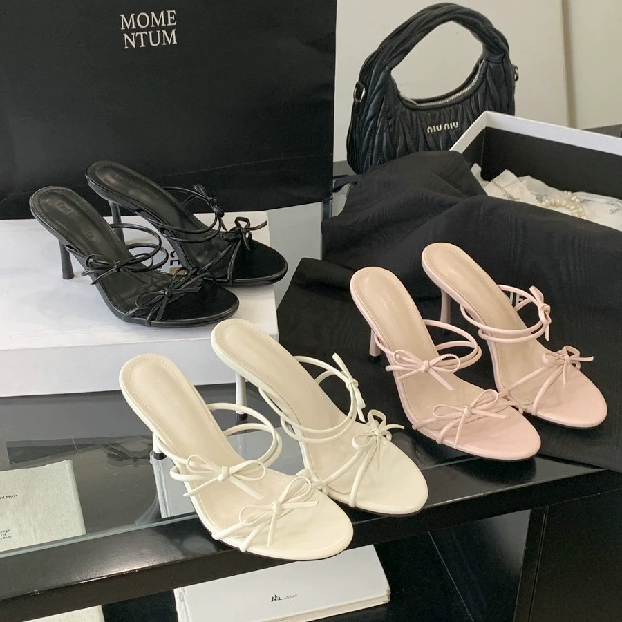 1399-3~2025 новые летние босоножки на высоком каблуке с бантом и открытым носком в французском стиле для женщин для ношения на улице