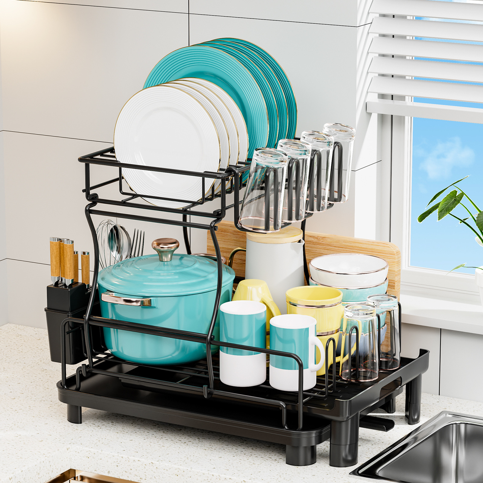 Amazon mesa doble capa drenaje rack de almacenamiento estante de platos retráctil estante de cocina para platos palillos cesta de drenaje