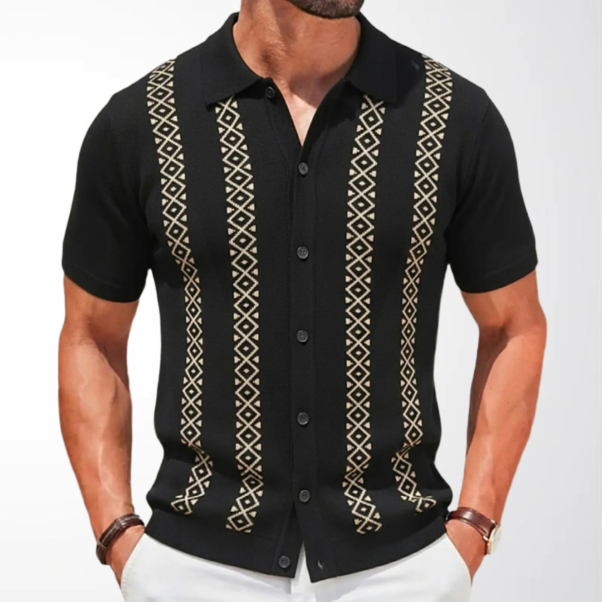 Cross-Border Men's Geometric Striped Jacquard Short-Sleeved Knitwear Men's Casual Summer Cardigan Business Polo Shirt Sy0141