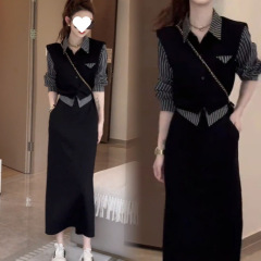 2025新款秋季新款时髦气质显瘦两件套女高级感条纹衬衫上衣半身裙