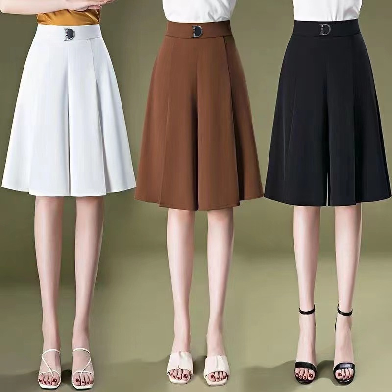 Summer Thin High Waist Large Size Slim-fit Six-point Wide-leg Pants Ice Silk Dape Loose Over-the-knee Pants Women's Skirt