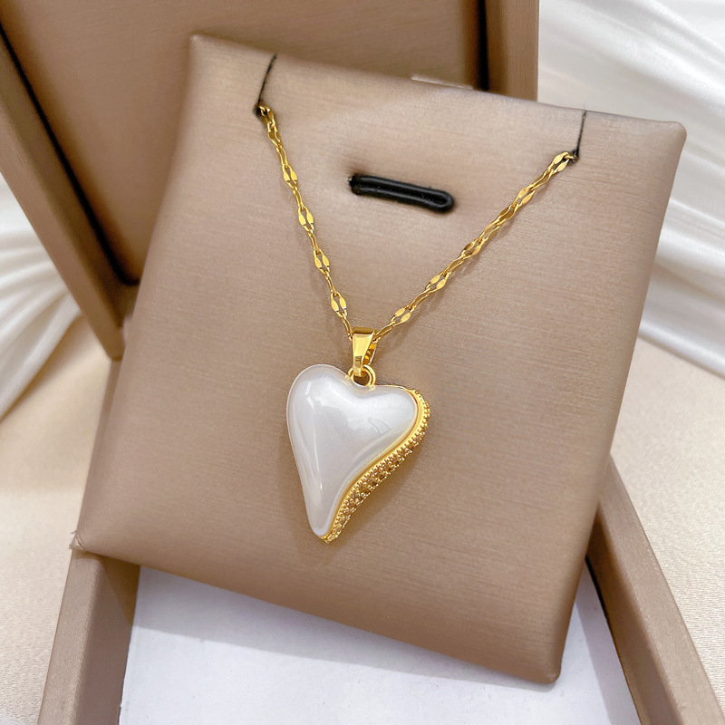 Collana elegante a cuore con perla e diamanti in acciaio_voghion.com