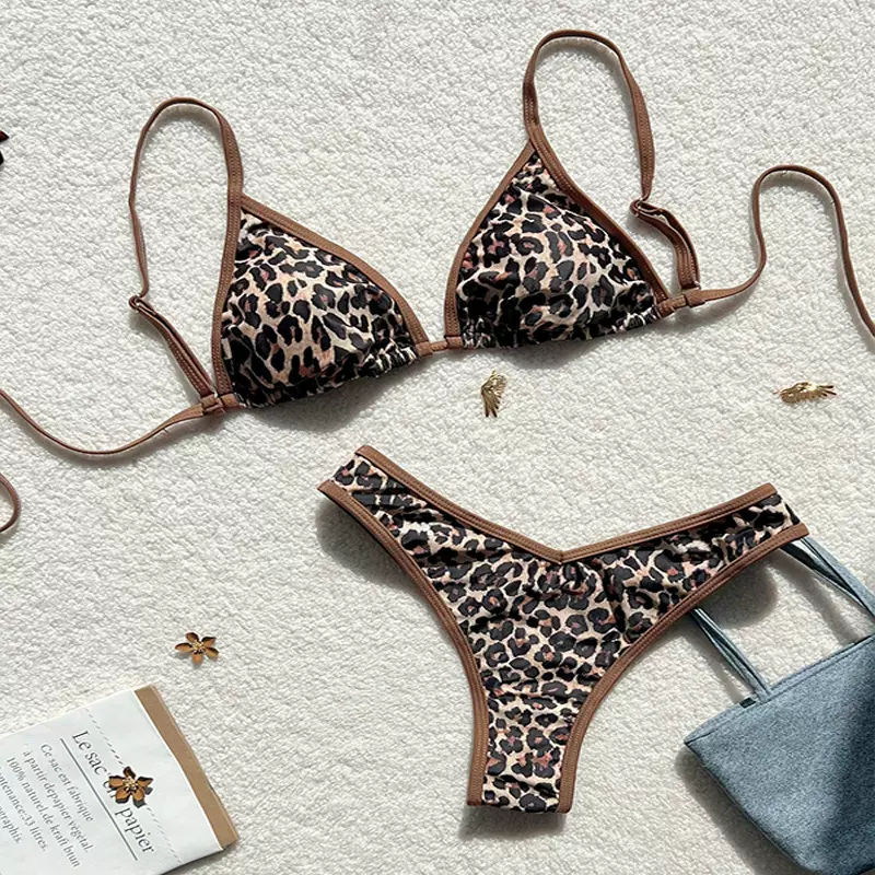 外贸豹纹比基尼2025新款欧美系带泳衣女高级感沙滩温泉泳装bikini