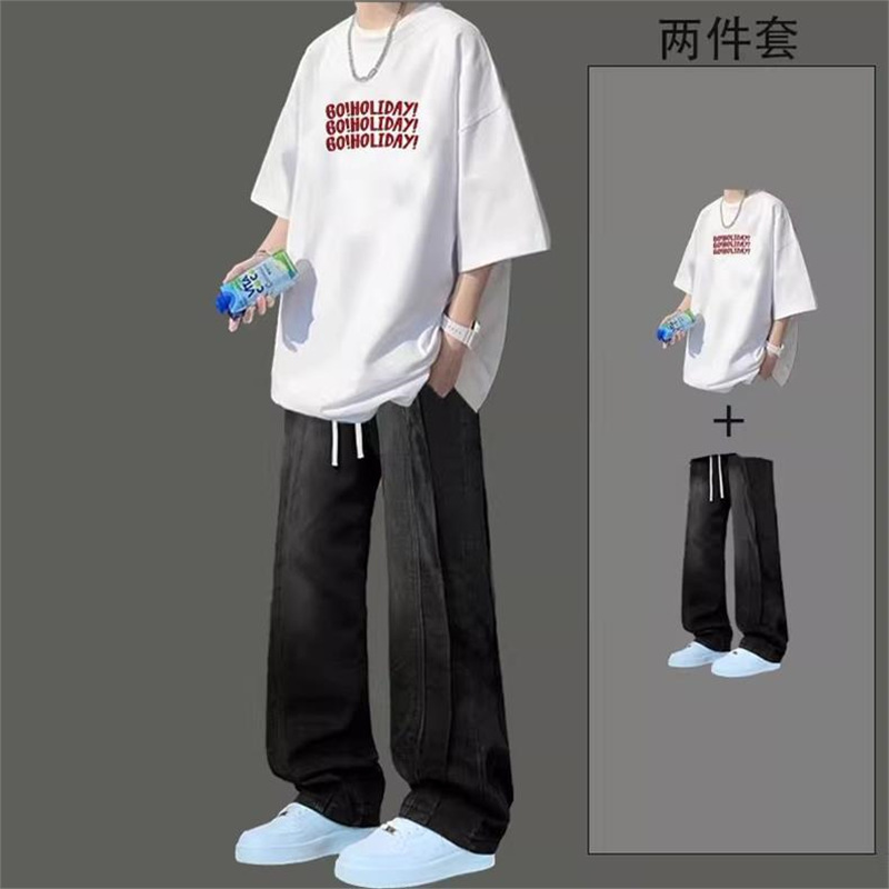 Street Style T-Shirt New Go Short-Sleeved Summer Boys Wear a Set with High Street Jeans Trendy Set