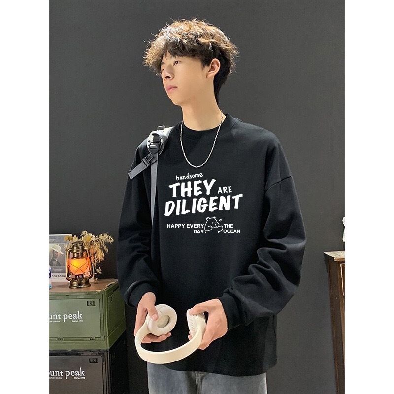 Cross-border letter print couple's new spring and autumn drawstring long-sleeve T-shirt for men, stylish top for outerwear, autumn sweatshirt Cross-border letter print couple's new spring and autumn drawstring long-sleeve T-shirt for men, stylish top for outerwear, autumn sweatshirt