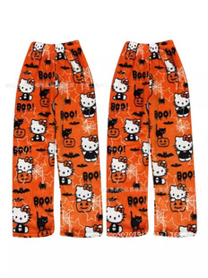 Kt Cat Two-Piece European and American Halloween Autumn and Winter Flannel Velvet Pants for Home and Outdoor Wear Cartoon Cat Fleece-Lined Pajamas for Women