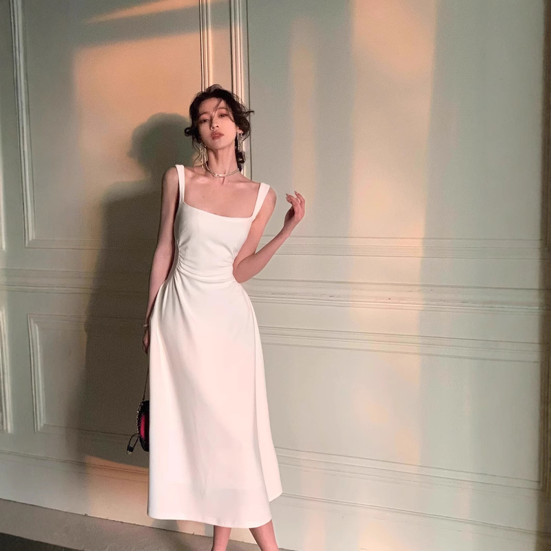 [High Quality Low Price] White Sling dress Children Summer New Spring and Autumn French First Love Waist Dress