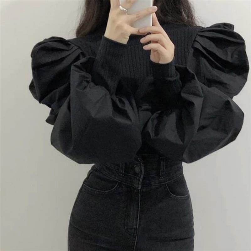 韩国ins早秋宫廷风圆领螺纹拼接设计感收口泡泡袖修身衬衫上衣女|undefined