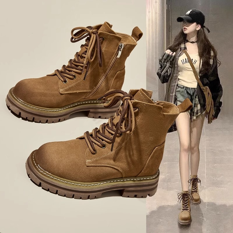 Genuine Leather Martin Boots for Women, 2025 Autumn and Winter New Style, Retro Workwear Western Cowboy Boots, Thick-Soled Height-Increasing Short Boots, Single Boots