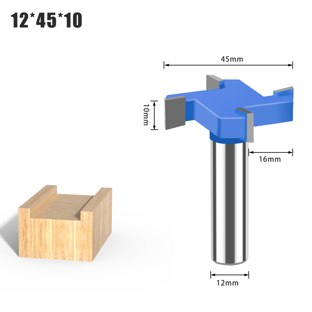 Cuchillo en forma de T de cuatro dientes de 6 dientes 1/2 mango Herramienta de carpintería de mango de 12mm Cuchillo de ranura en forma de T alargado Cuchillo de ranura Cortador de fresado en forma de T Cuchillo Tenon