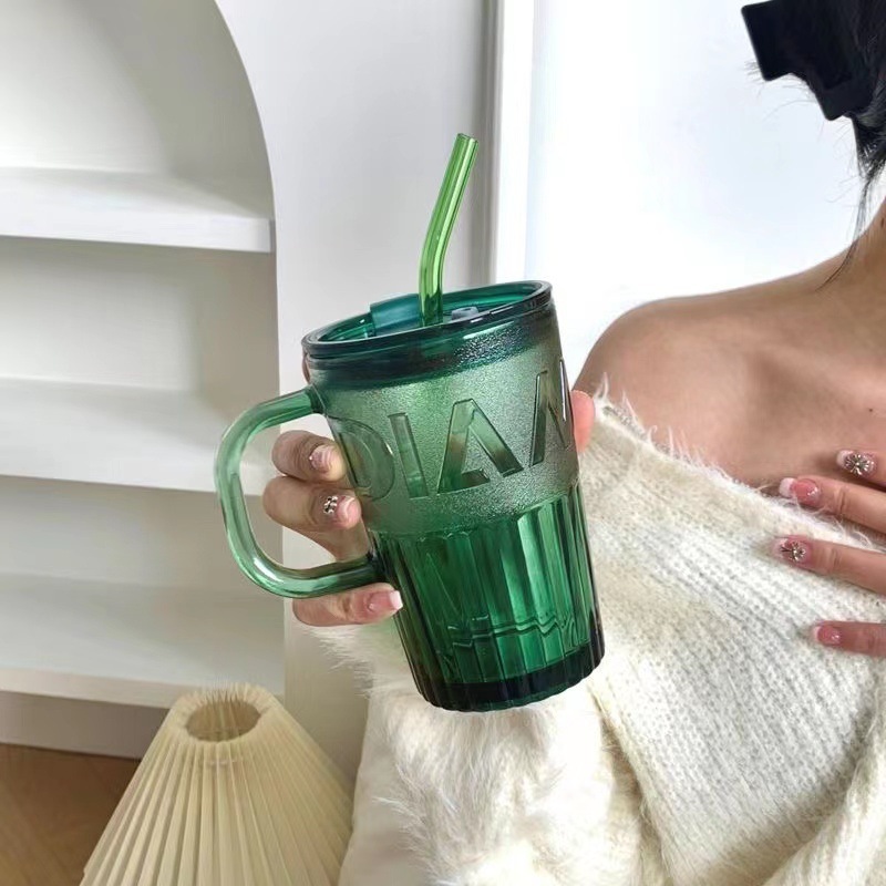 ガラス製ストロー付きコーヒーダブルドリンクカップ、ガラス製ウォーターカップ、コールドブリューミルク用蓋付き、文字入りハンドル付きストロー付きガラスカップ|undefined
