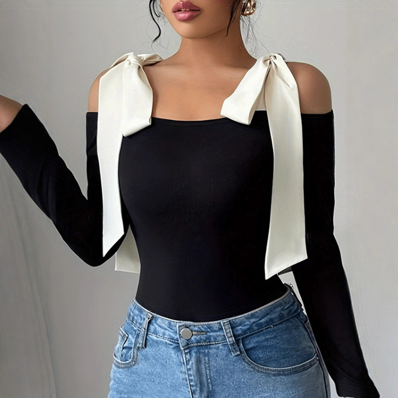 2026 Spring and Autumn New Style Women's Top with Contrasting Color and Material Patchwork, Lace-Up Design, Comfortable, Slim Fit, and Slimming 2026 Spring and Autumn New Style Women's Top with Contrasting Color and Material Patchwork, Lace-Up Design, Comfortable, Slim Fit, and Slimming