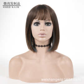 假发女短发挂耳染锁骨发 自然少女全头套式Lisa同款发型 化纤头套