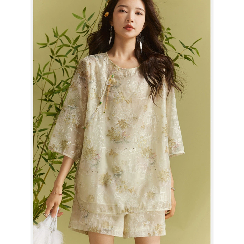 Женский новый китайский жаккардовый костюм с коротким рукавом, лето 2025, новые шорты, свободный вышитый тюлевой кардиган, комплект из двух предметов