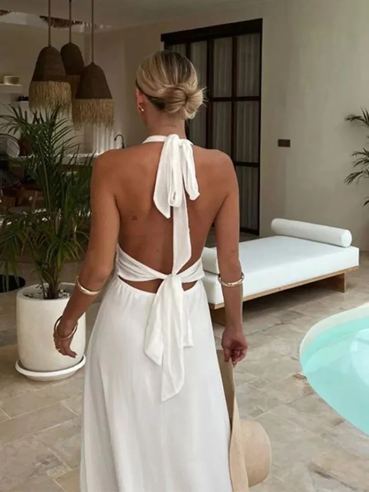 Elegant Women's Sleeveless Halter Neck V Neck Slit Long Dress European American Style Deep V Solid Color Cinching Sexy Dress_ecoleips.com