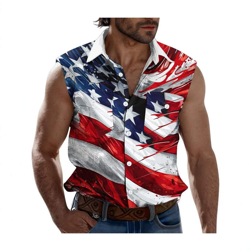 2026 Cross-Border Foreign Trade Men's Clothing Seaside Style Printed Sleeveless Shirt European and American Style Lapel Casual Cardigan Vest