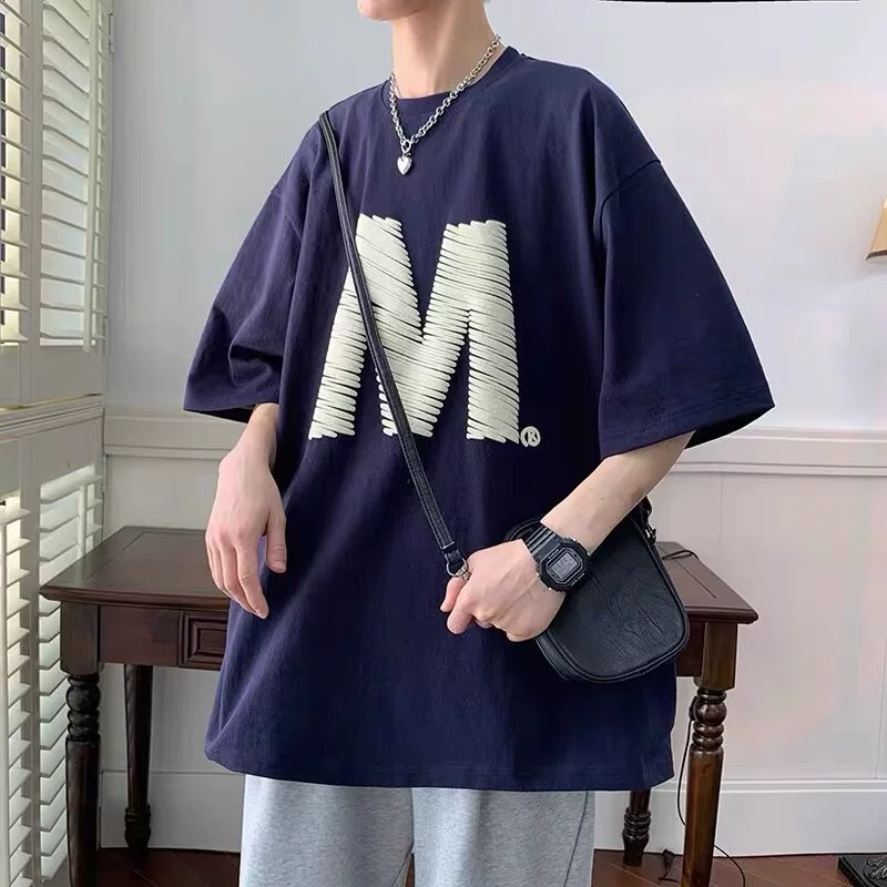 Футболка с короткими рукавами мужская летняя американская свободная печать тяжелый досуг с половинным рукавом 2024 новая модная модная футболка с круглым вырезом