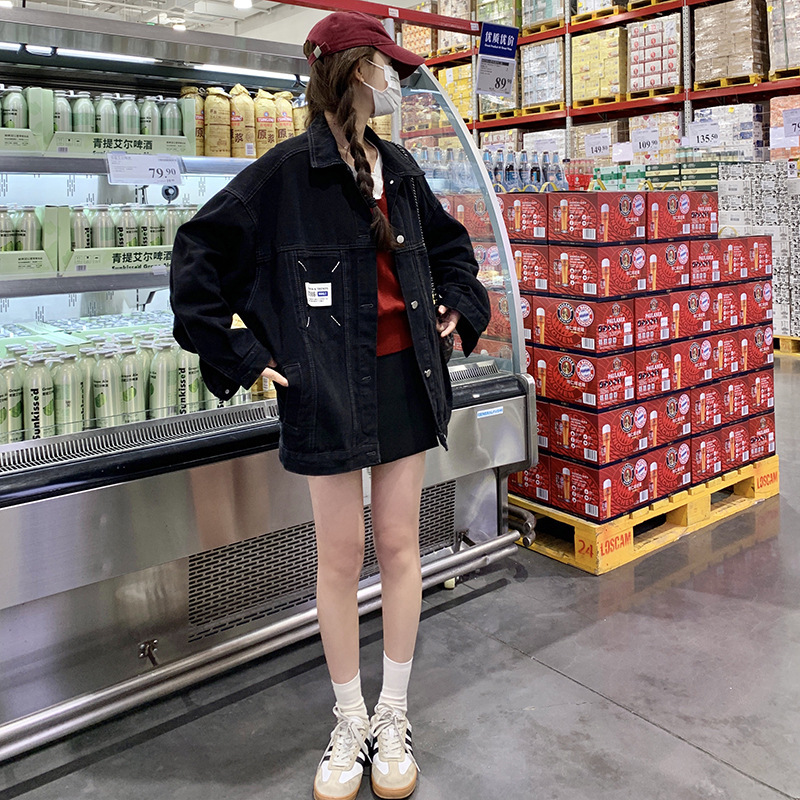 实拍学院风黑色牛仔外套女2025春秋新款chic韩版宽松机车夹克上衣|undefined