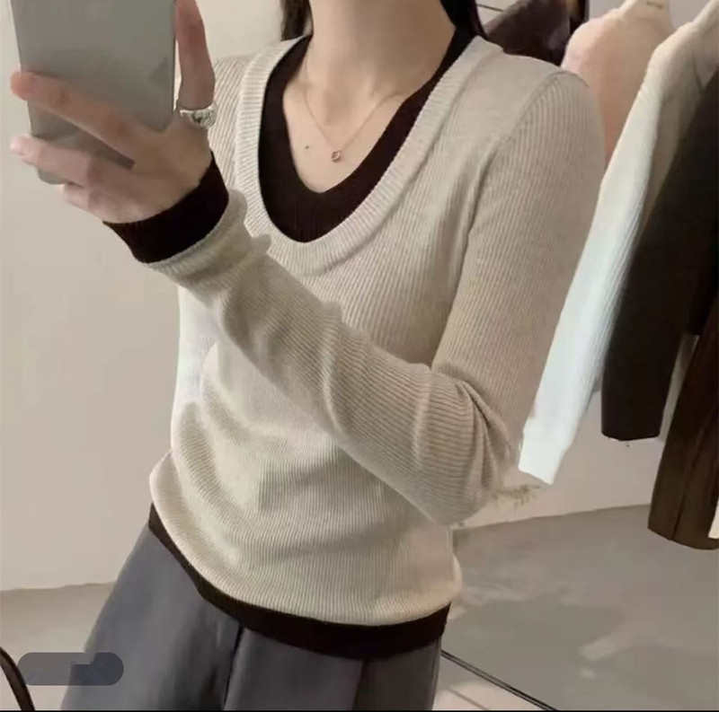 韩系撞色假两件拼接针织衫新款修身秋冬显瘦长袖毛衣打底上衣女|undefined