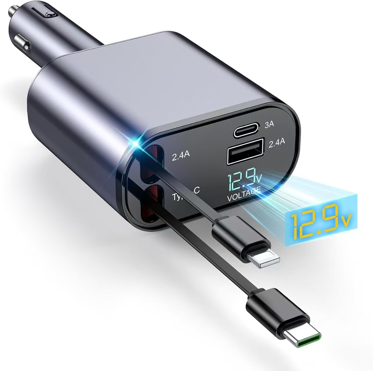 Car Charger 120W Super Fast Charging Retractable Cable Four-In-One Car Charger Car Cigarette Lighter Huawei Apple Head Car Charger