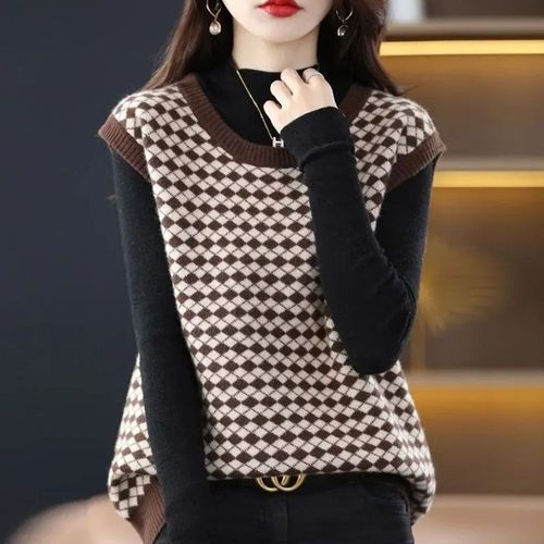 Women's Stylish Color-Block Casual Top with Crew Neck | Autumn Fashionable Checkered Vest | Knitted Base Sweater