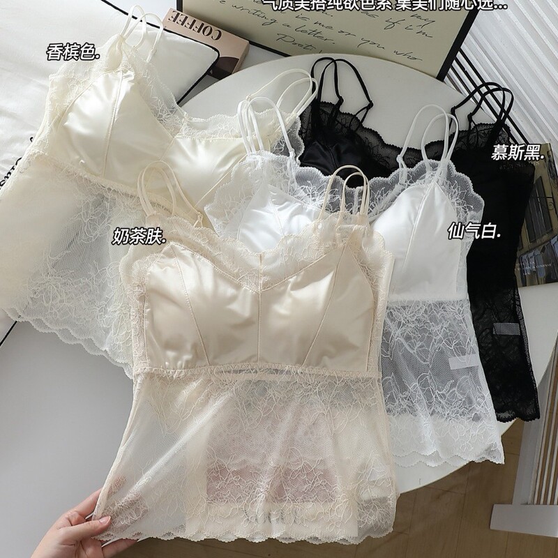 French-Style Pure Satin Beauty Back Camisole Bra Integrated Versatile Fixed Cup Lace Beauty Back Camisole