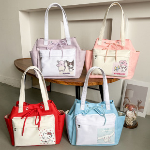 Genuine Sanrio Kulomi Cartoon Color Contrast Waterproof Large Capacity Drawstring Pocket Shoulder Tote Bag Magnetic Buckle Toiletry Bag