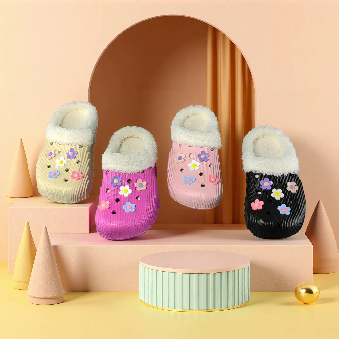 新款秋冬季潮流时尚休闲日常保暖情侣甜美平底家居室内外穿棉拖鞋