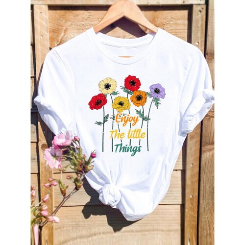 Cross-border large size sunflower floral basic women's trendy cute round neck white short-sleeved top for summer women