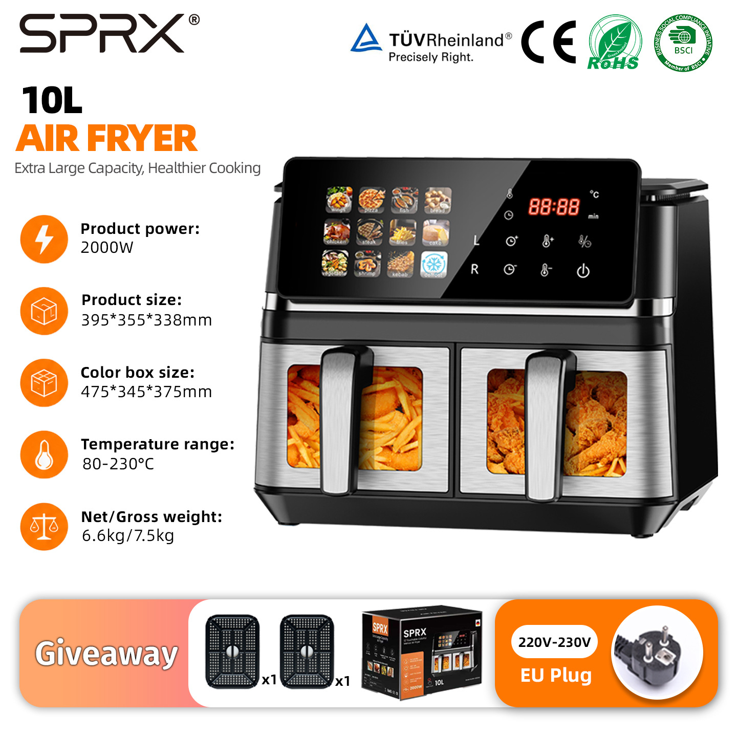 「EU」10LIPADStainless Steel Double Basket Air Fryer