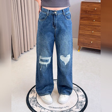 200斤大码女装2025新款胖mm显瘦时尚复古破洞直筒牛仔裤YC287