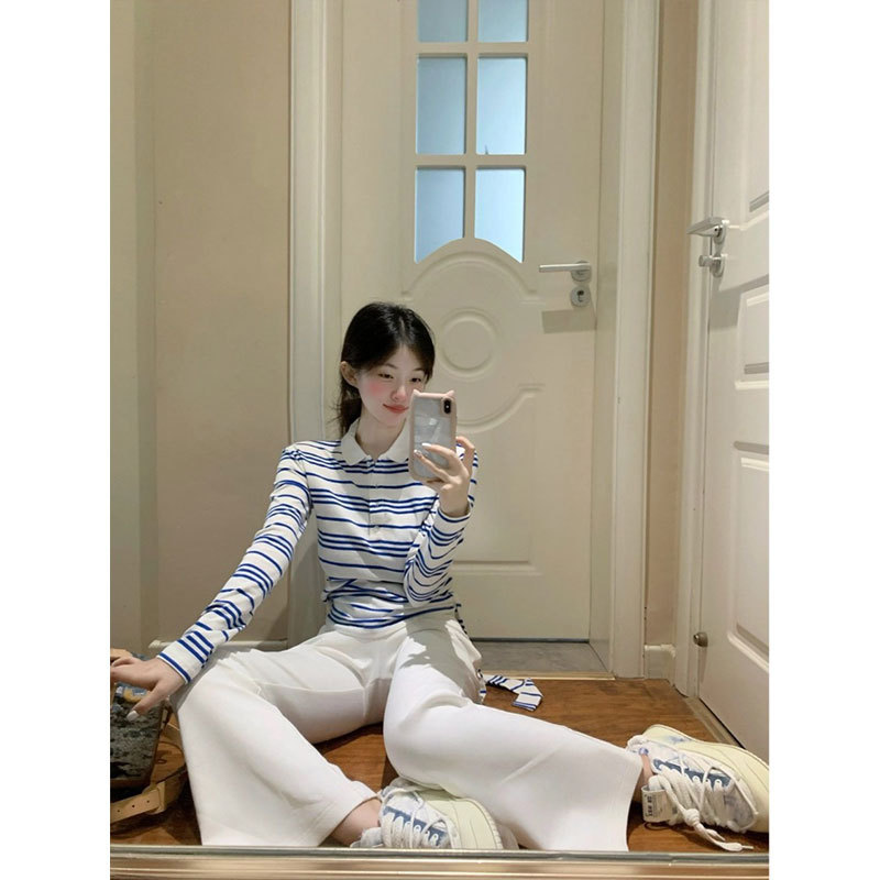 晨领【原版品质】韩系绑带Polo领蓝白条纹长袖T恤修身显瘦收腰上|undefined