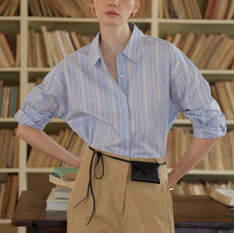 Fresh Dopamine Striped Loose Lapel Shirt for Women, Spring Top, Vibrant Blue Peach Pink