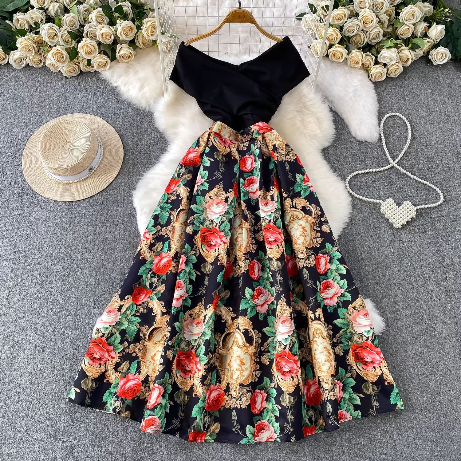 Elegant Court-Style Dress – Cross V-Neck Floral Jacquard Midi Dress With Waist-Defining Silhouette (S-XXL)​_ecoleips.com