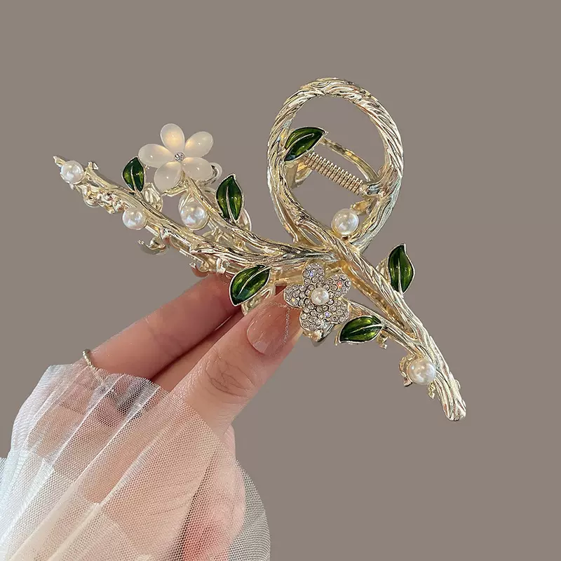 精致猫眼石花朵发夹女后脑勺盘发气质抓夹大号高级感鲨鱼夹子头饰