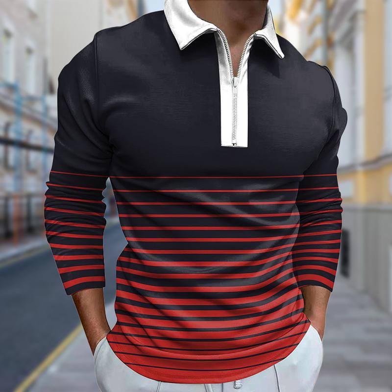 Camisa POLO de solapa de hombre básica simple con estampado digital, camisa delgada de manga larga con cremallera MB14